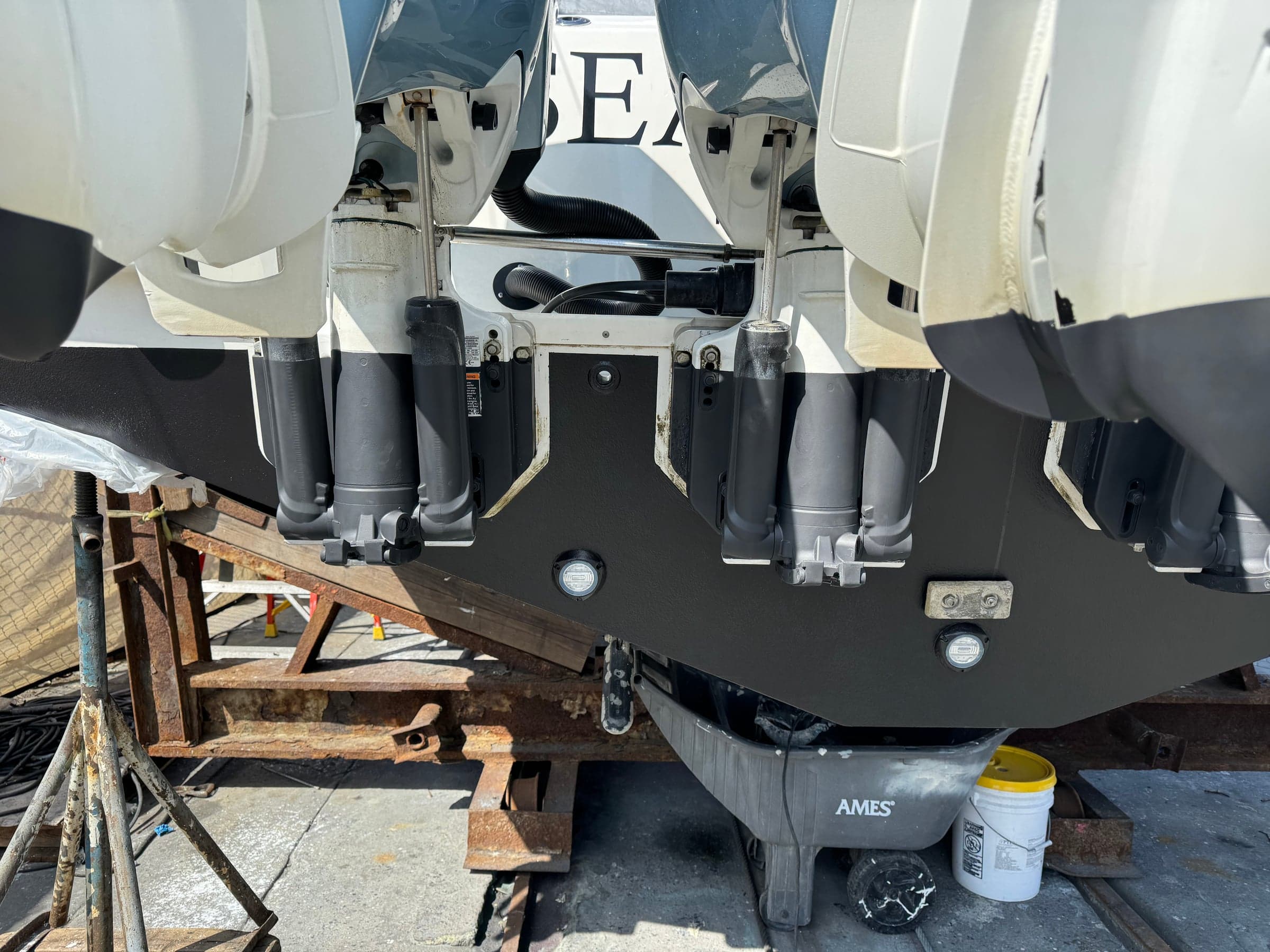 Fresh coat of bottom paint on a powerboat hull, finished work