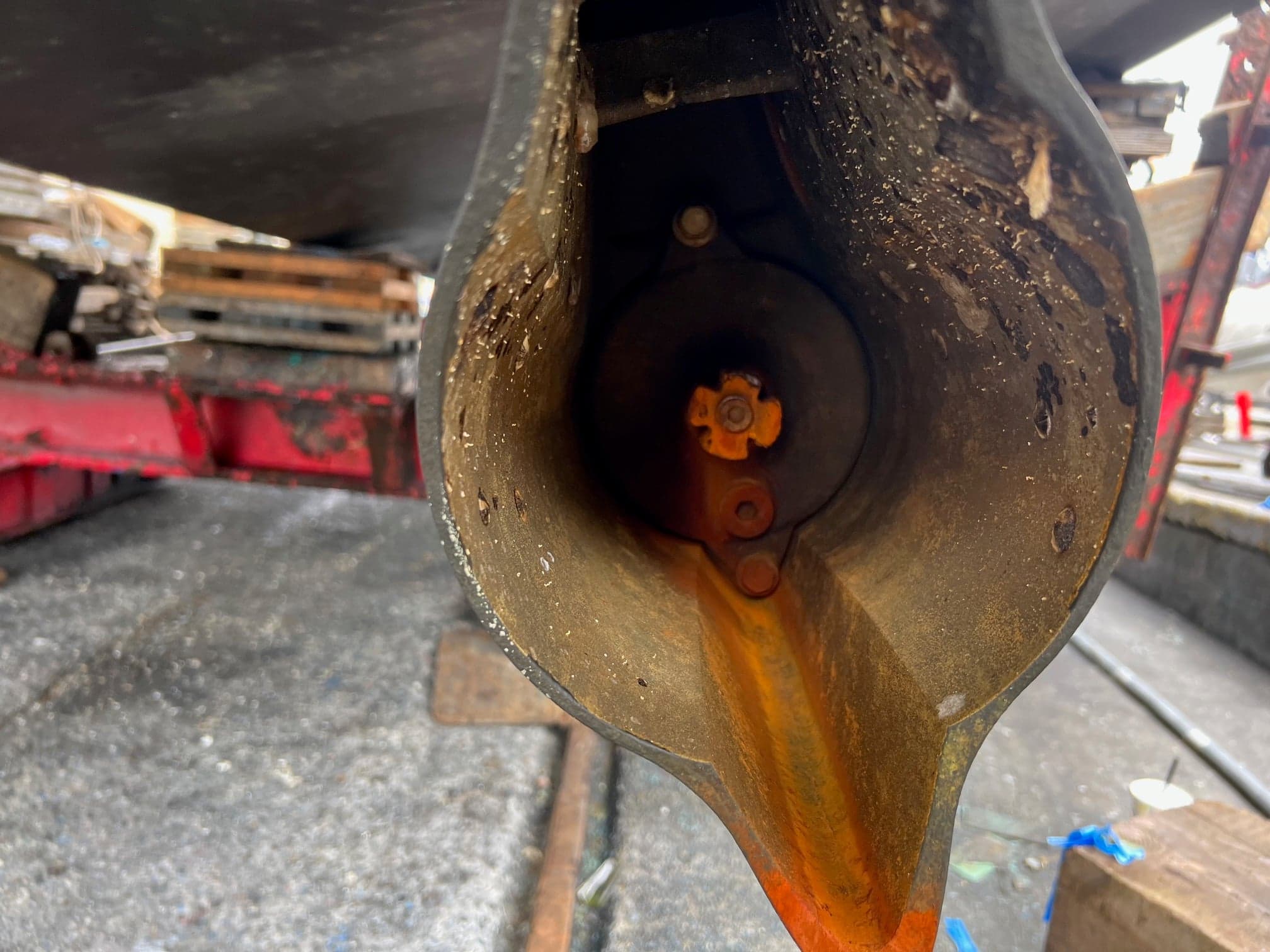 Looking up into a Volvo IPS drive housing with internal anode visible